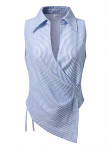 Áo kiểu nữ thời trang kẻ sọc, xếp ly, cài nút, vạt áo bất đối xứng, chất liệu vải dệt. - Sọc xanh nhạt và trắng - Xem 2