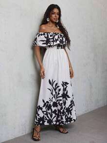 MEXBreezaya Vestido largo de hombros descubiertos con abertura en el muslo con estampado de plantas para vacaciones de verano, atuendo de playa de maxi vestido para mujeresMEX JXNW - Multicolor 11 - Ver 4