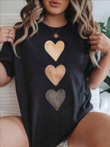 Women's Casual Short Sleeve T-Shirt - Vertical Print Of Three Wooden Hearts, Round Neck, Summer Top, Machine Washable, Ladies' T-Shirts, Casual Wear, Modern Style, Comfortable Fit

-White - 黑色 - 查看 7