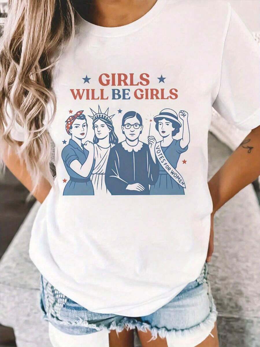 1 Women's T-Shirt, Featuring A Red Graphic Design Including The Text "WILL BE", Four Illustrated Female Figures (Red Scarf, Statue Of Liberty Crown, Short Hair, "She Is Number One" Banner), Blue Stars, Light Blue Denim Fabric (Frayed Hem, 180g, 100% Soft Cotton). - 白色 - 查看 1