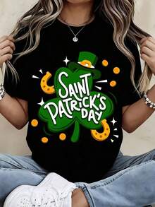 Camiseta del Día de San Patricio para Mujer con Diseño de Trébol de la Suerte, Estampado de Trébol Verde y Herradura Dorada para Celebración del Día de San Patricio, Ropa Casual para Fiesta Festiva, Atuendo de Temporada - Estilo Urbano Vintage, Camiseta Unisex de Algodón Holgada de Manga Corta y Cuello Redondoblusas para mujer>ropablusas para mujer>ropa - Negro - Ver 6