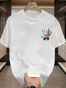 Men's Graphic T-Shirt - Back Print With Colorful Handprint And The Phrase "SAY HELLO!" Lightweight And Breathable Polyester T-Shirt For Summer, Gym, Casual Daily Wear - Regular Fit Crew Neck T-Shirt, Gym Wear, Breathable Fabric, Outdoor Activities, Y2k Design, Soft Texture, Short Sleeve T-Shirt, Summer Wardrobe. - 白色 - 查看 2