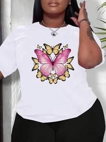 Women's Stretch T-Shirt - Soft Pink And Yellow Butterfly Print T-Shirt, Round Neck, Casual Style For Everyday Wear - Machine Washable Blouse For All Seasons - Vintage Urban Style, Unisex, Cotton, Short Sleeve, Round Neck - 白色 - 查看 7