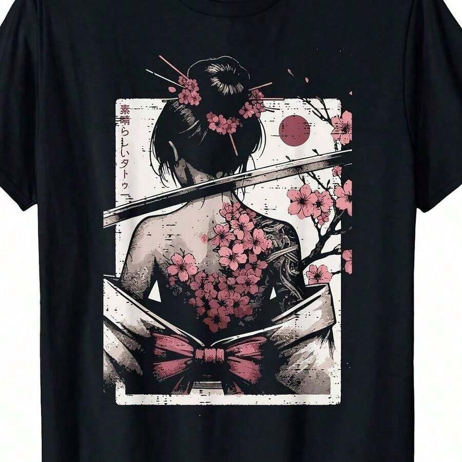 1 pieza Camiseta de Geisha con Diseño de Tatuaje de Flor de Cerezo Estilo Japonés |   Para Hombre y Mujer, Verano, Manga Corta, Estampado, Color Sólido, Tela de 220G, Estilo Retro, Cuello Redondo, Versión Convencional Día de la Bandera, Diseño Limpio, Uso Diario, Resistente a la Decoloración, Para Hombre 180g 100% Algodón - Negro - Ver 1