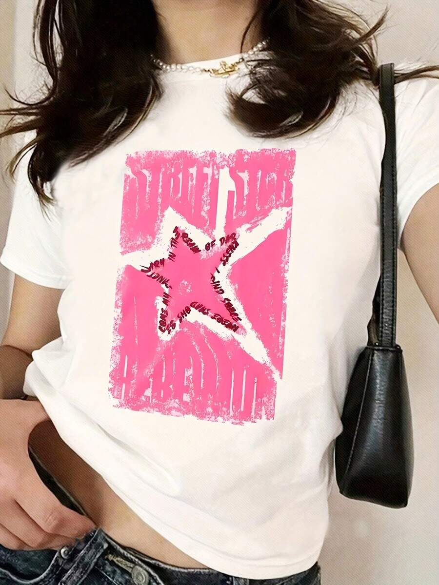 100% Cotton Retro Style T-Shirt, With Celebrity Graffiti, Hip-Hop, Punk, Urban Fashion, Harajuku Style, Suitable For Home, Casual Use, Elegant, Versatile, For Going To Work, Sports, Universal, Comfortable, Made Of Durable Pure Cotton, For Everyday Casual Use. - 白色 - 查看 1