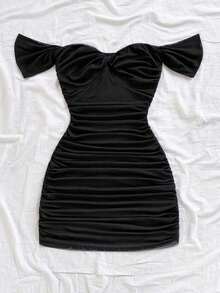 Vestido mini ajustado de punto rojo con hombros descubiertos para mujer, diseño con espalda calada, adecuado para vacaciones, citas, té de la tarde, temporada de bodas, playa, crucero, vacaciones en la ciudad, vacaciones bohemias, festivales de - Negro 2 - Ver 4
