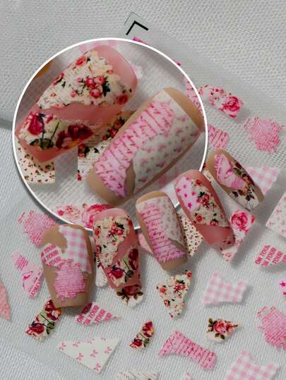 1 Sheet 3D Embossed Vintage Sweet Nail Stickers, Featuring Pink Tone Torn Paper Collage Elements With Roses, Plaid, And Text Patterns, Exuding A Gentle Ambiance, Suitable For Commute Outfits, Sweet Girl Styles, Retro Manicures, Date Looks, Ideal For Sweet & Cute Enthusiasts, Students, Moms, Nail DIY Beginners, And Gentle Aesthetic Girls
