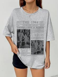 Camiseta de hombros descubiertos para mujer - Camiseta estampada de moda para primavera/verano - Top casual de manga corta con cuello redondo - Ropa de mujer - Negro - Ver 7