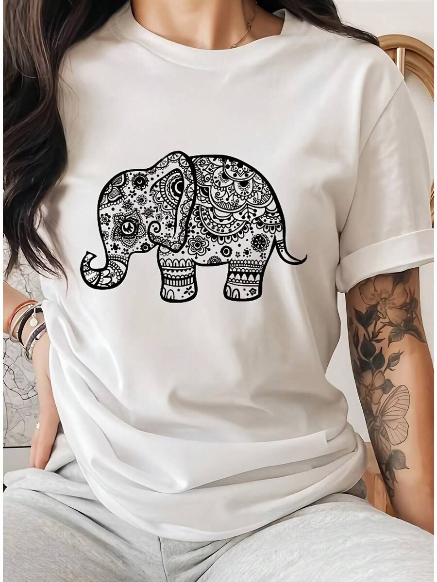 Soft 100% Cotton T-Shirt With Elephant Print, Round Neck, Short Sporty Sleeve, Women's Clothing, Breathable Cotton T-Shirt, Goes With Everything, Great. - 白色 - 查看 1