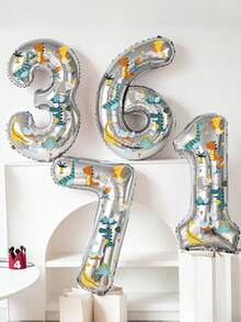 3pcs 32-Inch Silver Number Balloon Set, Large 0-9 Digit Foil Balloons, Forest Dinosaur Stickers, Suitable For Birthday Party, Animal Party, Home Party Decoration - Silver - View 2