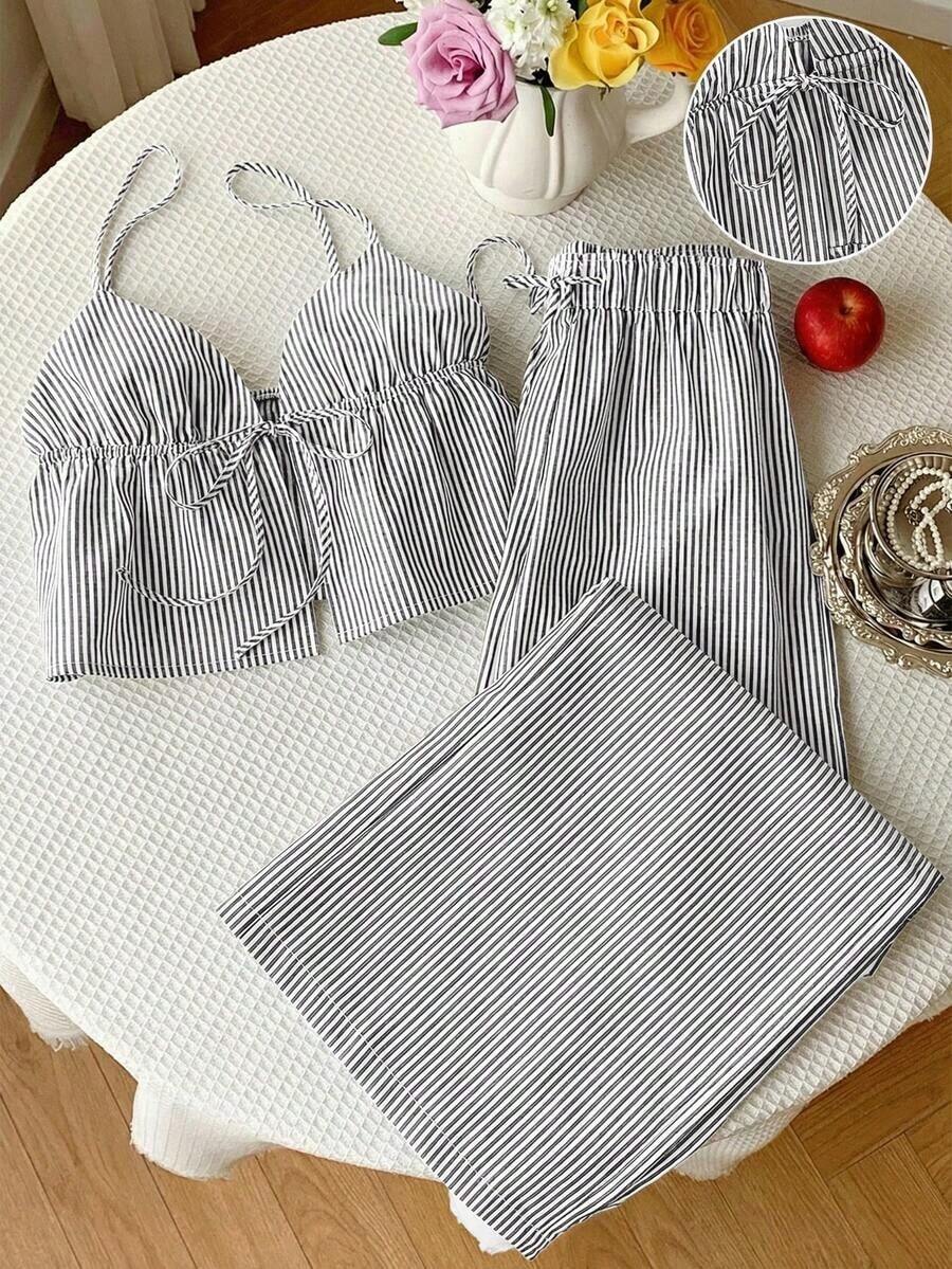 2 piezas Conjunto casual de vacaciones con rayas tejidas amarillas para mujer, /verano - Gris - Ver 1
