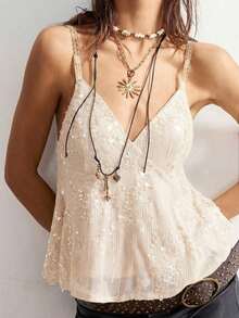 Camiseta de tirantes finos sin mangas de verano con lentejuelas de moda casual para mujeres - Albaricoque - Ver 4