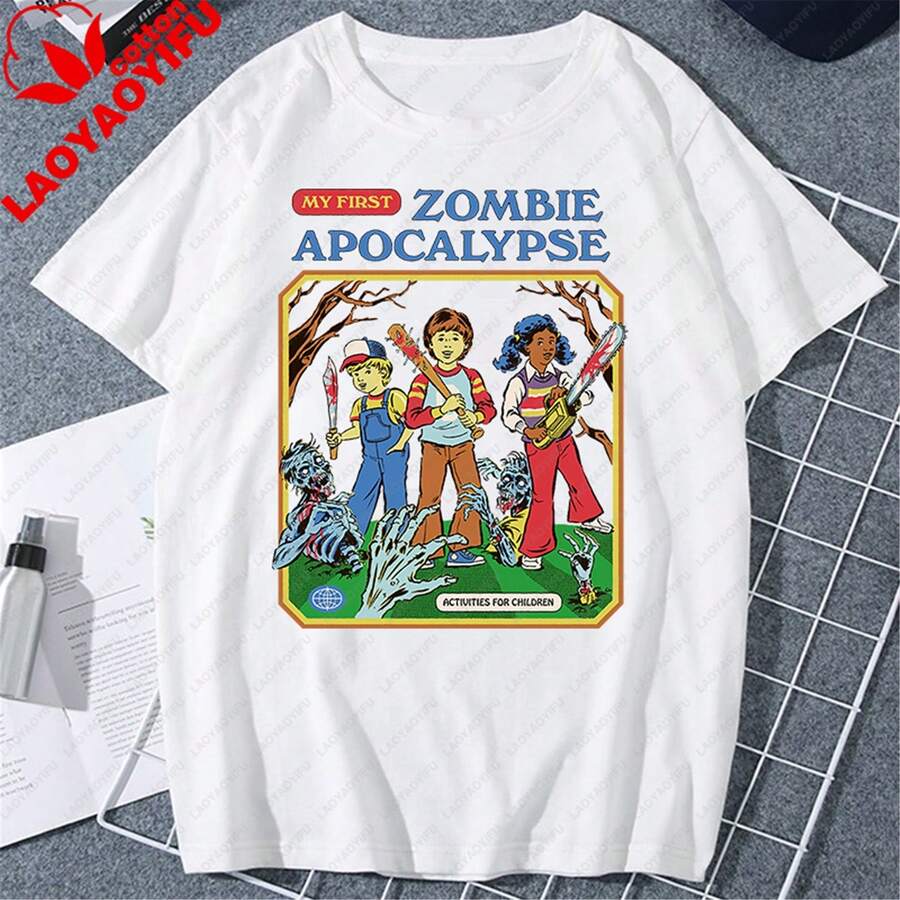 Camiseta informal de manga corta para mujer con estampado de apocalipsis zombie, tejido de punto, corte regular. - Blanco - Ver 1