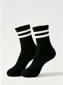 1/5/10 Pares de Meias Listradas Pretas Unissex de Cano Médio, Moda Minimalista Confortável, Adequada para Uso Diário, Combinação de Estilo Escolar, Todas as Estações - Preto - Visão 5