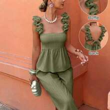 Conjunto de dos piezas con top tubo con volantes y pantalones - Versátil para uso casual/oficina/vacaciones (primavera y verano, tallas regulares) - Verde - Ver 1