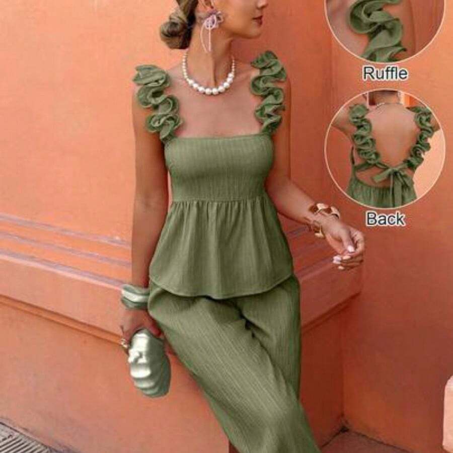 Conjunto de dos piezas con top tubo con volantes y pantalones - Versátil para uso casual/oficina/vacaciones (primavera y verano, tallas regulares) - Verde - Ver 1