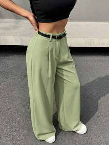 Pantalones de pierna ancha con cinturón de talle alto, perfectos para el tiempo libre, primavera/otoño, con botón, bolsillo y cremallera, de pierna recta natural, pierna ancha, sueltos y negros, para uso casual diario. - Fresh Green - Ver 4