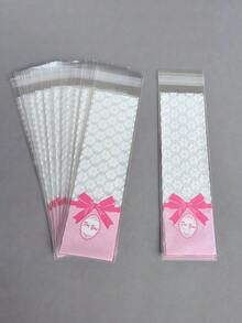 100个透明长方形OPP自封袋 - 白色蕾丝花卉粉色蝴蝶结图案，适用于糖果、饼干、派对小礼物和礼品包装 - 多色 - 查看 2