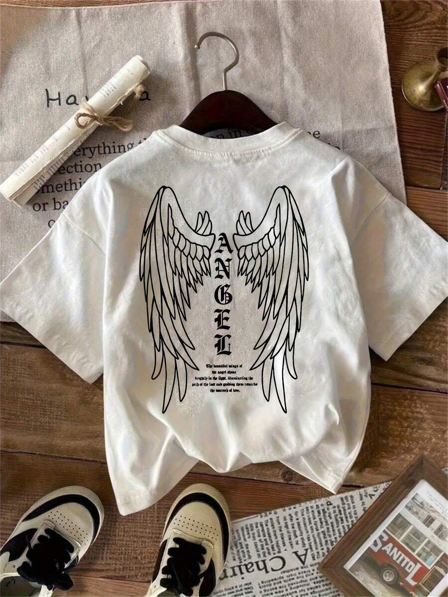 1 Piece Of Women's Casual Short-Sleeve T-Shirt With Angel Wing And Letter Print, White With Black Line Art, Round Neck, Machine Washable, Versatile Casual Outfit, Birthday And Holiday Gift For Women And Teens, Minimalist Design, Non-See-Through Fabric, Y2k T-Shirt. - 白色 - 查看 1