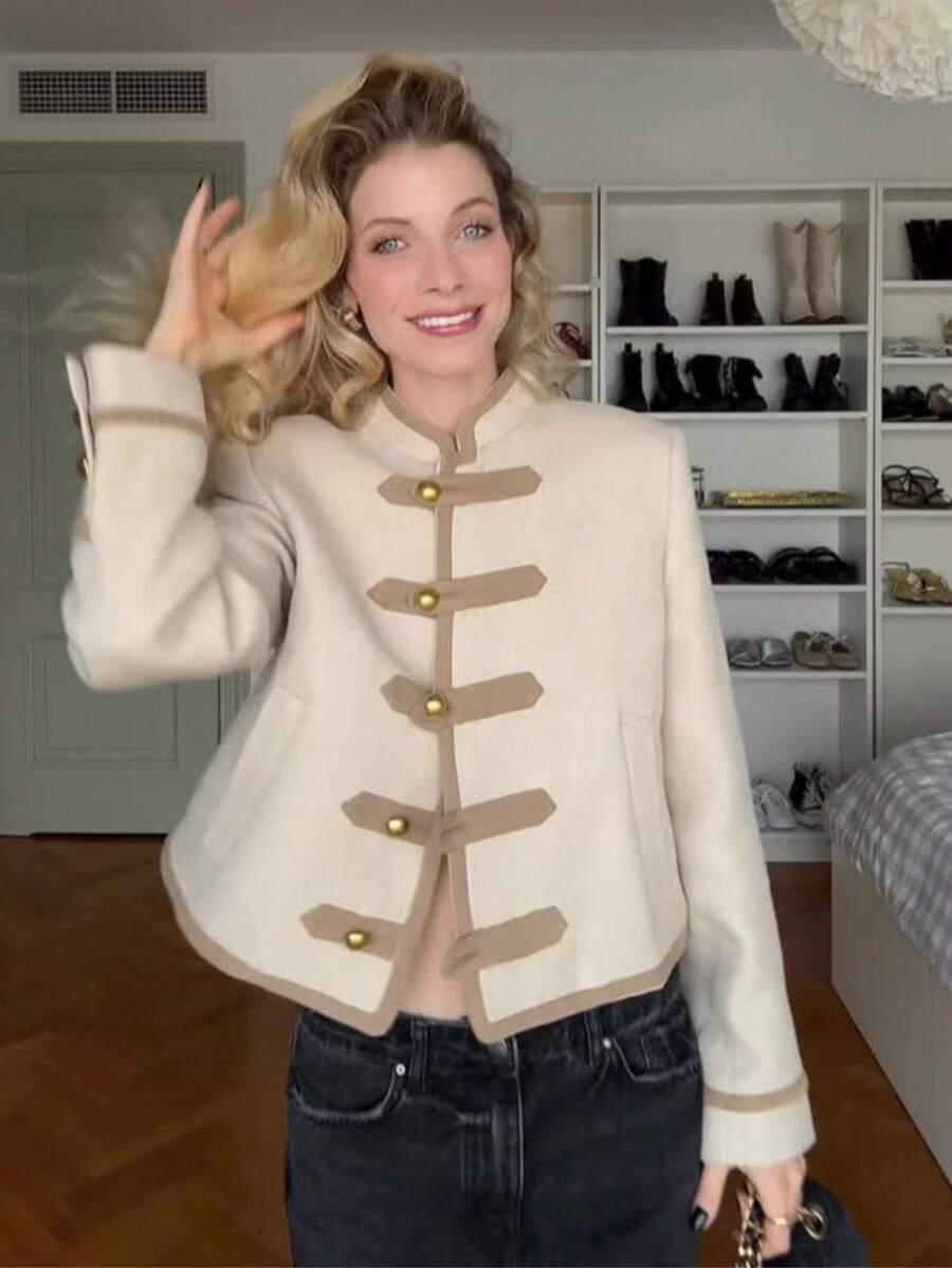 Áo khoác nữ GMFP mùa xuân/hè thanh lịch, kiểu dáng công sở, ôm dáng, có đệm vai, thắt nút, thích hợp cho Ngày của Mẹ. - Màu be - Xem 1
