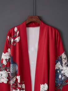 Áo khoác kimono dáng rộng, phong cách retro bohemian, dài ngang gối, in họa tiết chim công, thanh lịch, cá tính, thích hợp mặc ở nhà, thắt eo, mỏng nhẹ cho kỳ nghỉ hè, đi biển hoặc mặc ngoài đồ bơi. - Đỏ - Xem 3