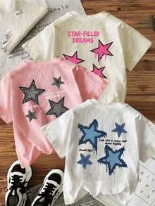 Nueva camiseta de moda para mujer, con estampado de estrellas y letras estilo graffiti, cuello redondo, talla grande, de algodón puro para verano, holgada y estilizadora, entrega local, top casual a la moda, estilo casual, cuello redondo, ligeramente elástica. - Albaricoque - Ver 1