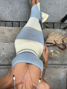 Vestido de punto casual con tiras asimétricas, contraste de color, cuentas y espalda descubierta con lazo en la cintura, adecuado para vacaciones - Multicolor - Ver 7