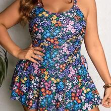 Swim Lushore Plus Size Women Summer Floral Print Bow Decor U-Neck Tankini Swimwear With Beach Dress - Verde militar - Ver 2