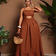 Plus Size Sexy Spaghetti Strap Hollow Out Pleated Backless Summer Dress - Marrón - Ver 2