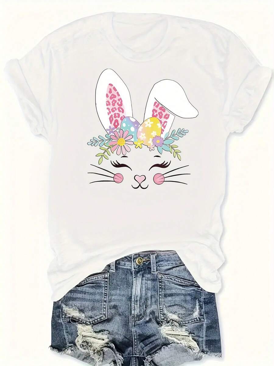 Plus Size Women's T-Shirt With Rabbit And Easter Egg Print - Five Panel Back With Rabbit Design, Round Neck, Casual Outfit For Easter And Spring, Casual Spring Festival Wear (Machine Washable) - White - View 1