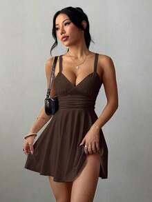Vestido corto de punto sexy y elegante con escote en V, cintura fruncida y tirantes finos para mujer - Óxido marrón - Ver 5