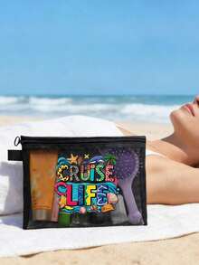 Cruise Life 海灘印花網格托特包,大容量海灘旅行手提包,附透明網格化妝收納袋與行李吊牌,多款可選。輕量透氣、防沙且可重複使用,可收納泳衣、毛巾、防曬乳、化妝品及日常必需品,適合郵輪旅行、海灘度假、泳池派對、熱帶旅遊與週末短途旅行 - 彩色 - 查看 7