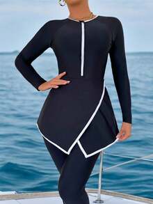 Swim Shayni 2 piezas Conjunto burkini elegante y casual para primavera/verano, vacaciones y fiestas en la playa, falda acampanada con corte en V en negro con ribete blanco y pantalones con cremallera delantera - Blanco y Negro - Ver 2