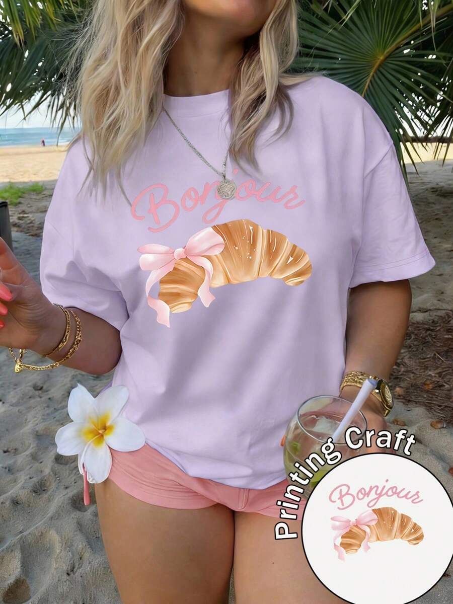 Women's Short-Sleeved T-Shirt With Round Neck, 100% Polyester Fiber, Machine Washable, Easy Care, Casual Design With French-Style Letter And Dessert Print, Romantic Breakfast Print, New Summer Collection 2026, Suitable For Daily Wear And Travel. - 紫色 - 查看 1