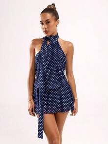 Vestido casual sin mangas con estampado de lunares y espalda descubierta para mujer - Azul marino - Ver 3