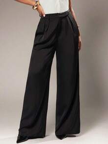 Pantalones anchos de pierna ancha de color café oscuro de moda minimalista para mujeres, pantalones de tela marrón de pierna ancha para el trabajo, pantalones de tiro alto de pierna ancha marrón para mujeres, pantalones de traje marrón para otoño/ - Negro 2 - Ver 3