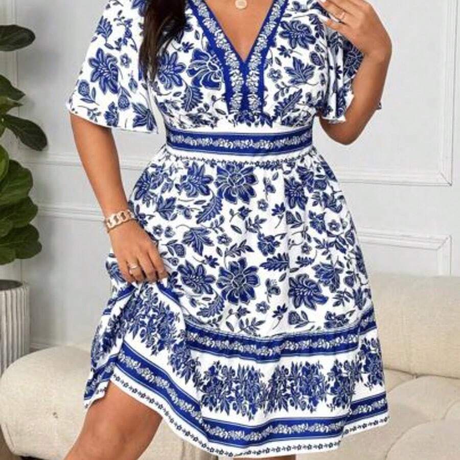 Holidaya Plus Size Women V-Neck Retro Print Casual Dress Curvy Summer Dresses Plus Size Floral Dress Plus Size Vacation Dress Women Summer Dresses Plus - Azul y blanco - Ver 1