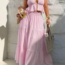 SunnyBelle 2pcs Solid Color Sexy Minimalist Vacation Style Halter Neck Loose Long Skirt Set, Elegant Beach Skirt Set Butter Yellow Two Piece Set Vacation Outfits Woman Skirt Set Maxi Skirt Two Piece Set Summer Skirt And Top Set - Rosa Pálido - Ver 1
