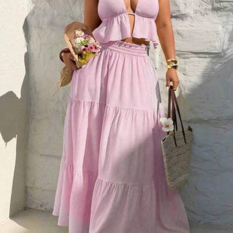 SunnyBelle 2pcs Solid Color Sexy Minimalist Vacation Style Halter Neck Loose Long Skirt Set, Elegant Beach Skirt Set Butter Yellow Two Piece Set Vacation Outfits Woman Skirt Set Maxi Skirt Two Piece Set Summer Skirt And Top Set - Rosa Pálido - Ver 1