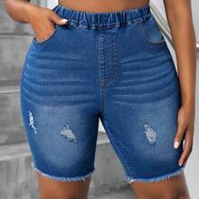 Plus Size Women's Autumn Pockets Distressed Elastic Waist Denim Biker Pants - Azul lavado medio - Ver 7