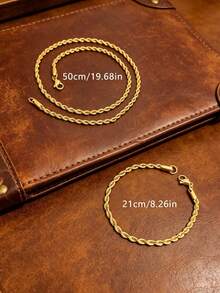 2pcs Stainless Steel 18K Gold/Silver Plated Twist Chain Bracelet And Necklace Set, Minimalist Design For Men, Suitable For Sports And Fashion Accessories - Multicolor - View 3