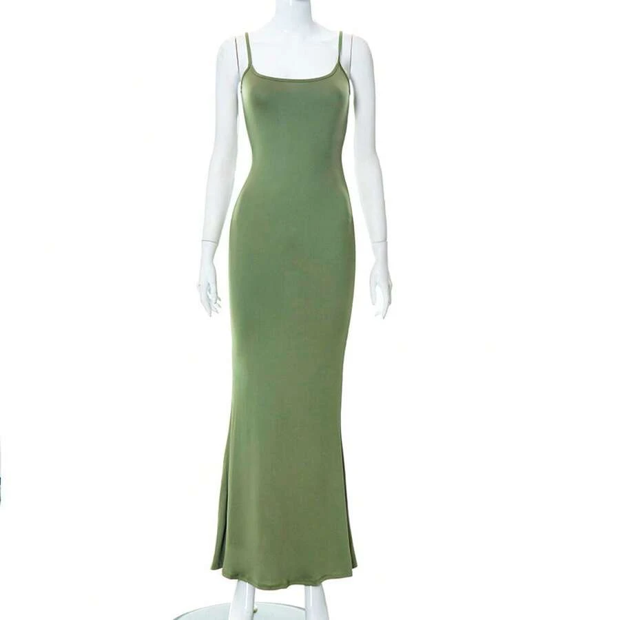Q21DS653 European And American Women's Clothing 2022   Casual Sleeveless High-Waisted Slim-Fit Suspender Dress - màu xanh lá - Xem 1