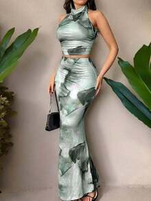 Sexy Print Crop Top With Halter Neck And Open Back, Two-Piece Set With High-Waisted Fitted Maxi Skirt - 淡綠色 - 查看 2