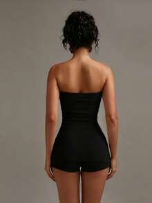 Allurini 2 pièces/Ensemble Top à manches longues basique souple et élastique + Short pour femmes, noir élégant d'été - Noir - Voir 4
