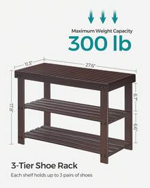 SONGMICS Shoe Rack Bench, 3-Tier Bamboo Shoe Storage Organizer, Entryway Bench, Holds Up To 286 Lb, 11.3 X 27.6 X 17.8 Inches, For Entryway Bathroom Bedroom - 棕色 - 查看 6