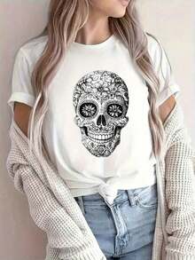 Camiseta Unisex Elegante con Estampado Tropical Ideal para Vacaciones y Fiestas de Halloween y Día de la Independencia de México - Blanco - Ver 8