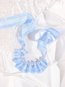 nicovaer 1pc Blue Cute Plaid Ribbon Bow Tie Collar, Neck Circumference 20-50cm, Faux Pearl Pet Necklace For Small/Medium Dogs & Cats, Suitable For Daily Pet Accessories - Blue - View 3