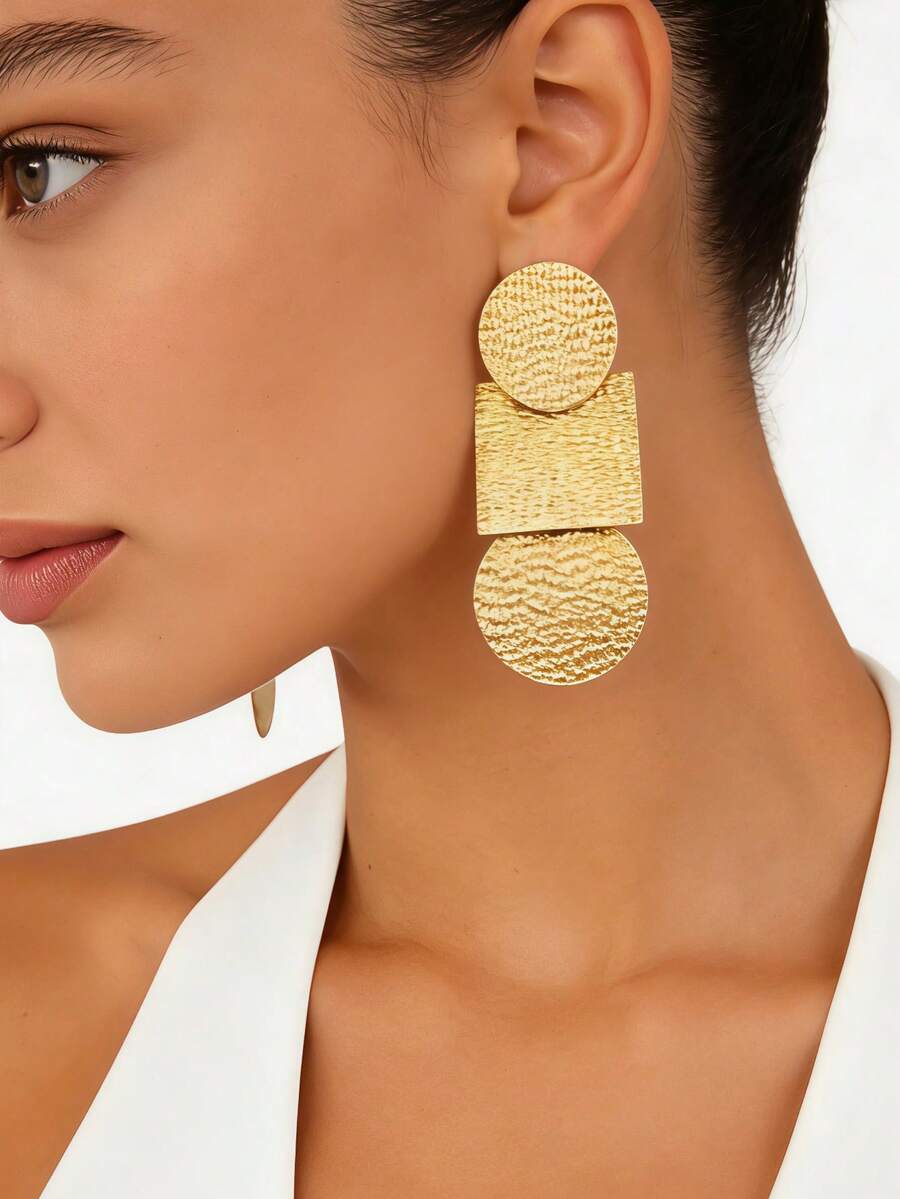 1 Pair Women's Minimalist Geometric Hammered Patchwork Drop Earrings, Round & Square Combination Design, Exaggerated Attention-Grabbing Elegant Earrings For Commute, Party, Evening - Yellow Gold - View 1