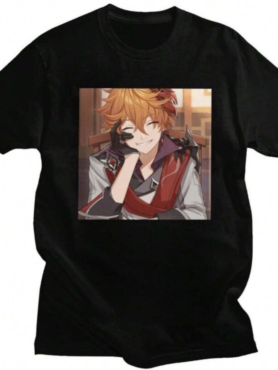 Custom Childe Tartaglia Genshin Impacts T Shirt For Men Women 100 Cotton Tshirt Tee Short Sleeves T-Shirts Slim Fit Clothing - 黑色 - 查看 1
