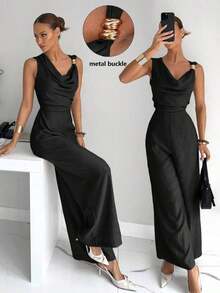 Mono con cuello asimétrico, cintura fruncida, botones metálicos decorativos, elegante y sexy para la oficina, vacaciones, playa, Hawái, con cuello drapeado - Burdeos - Ver 8